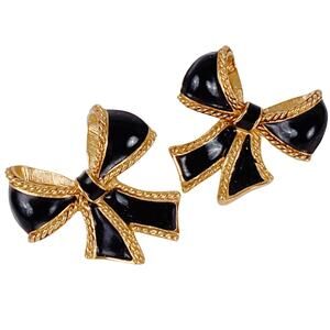 Vintage Signed KJL for Avon Earrings Black Enamel Bow Coquette Post Backs 1980s